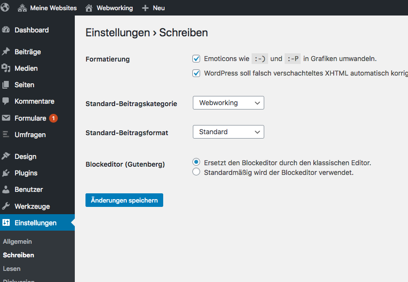 Screenshot: Editor einstellen