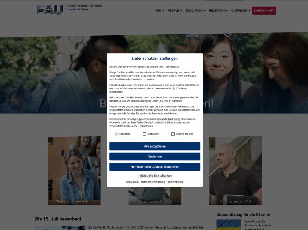 Screenshot Consent banner auf fau.de