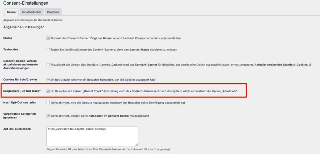 Screenshot zeigt die Option im Backend zur Berücksichtigung von Do Not Track