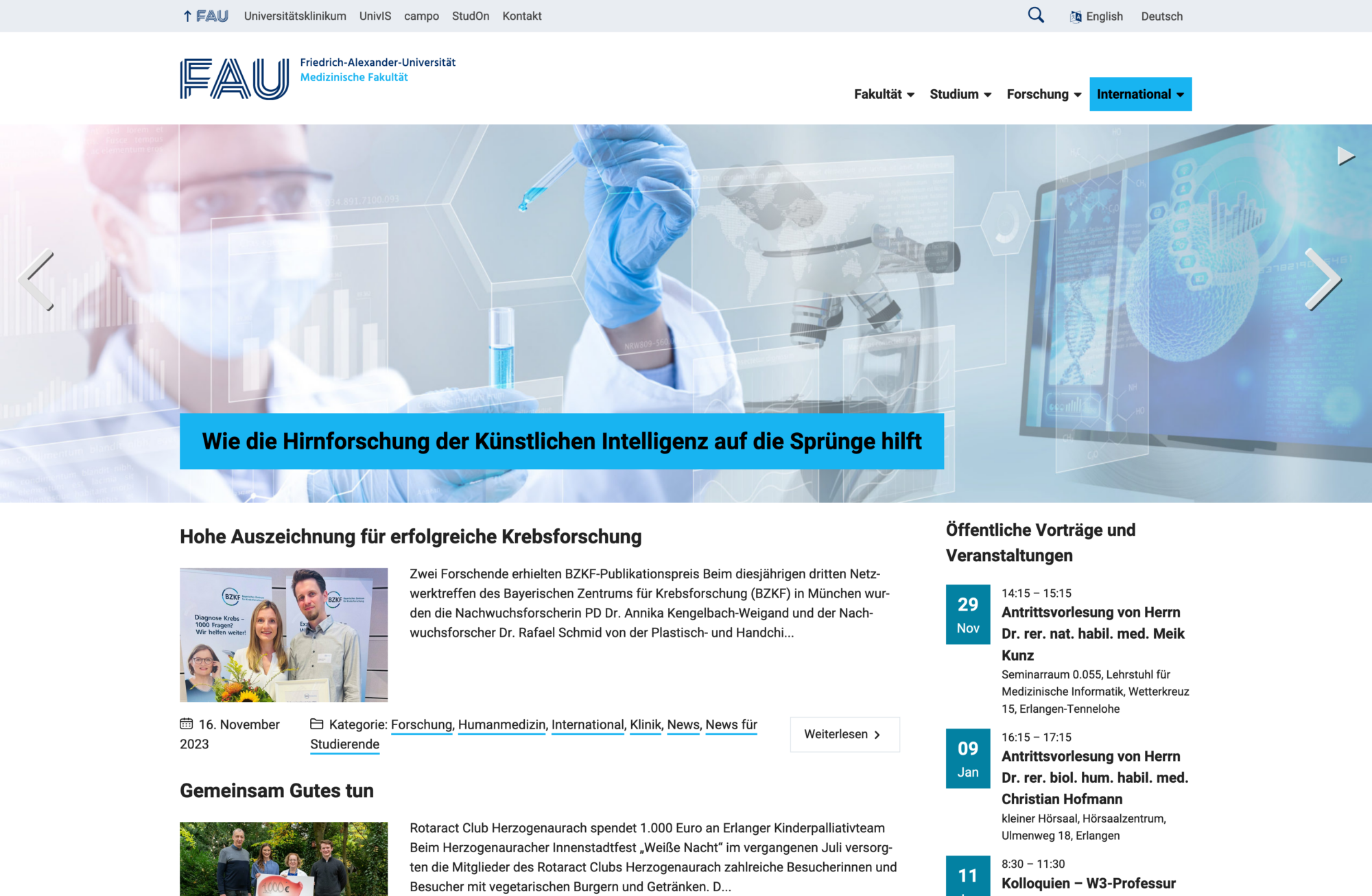 Screenshot der Startseite der medizinischen Fakultät